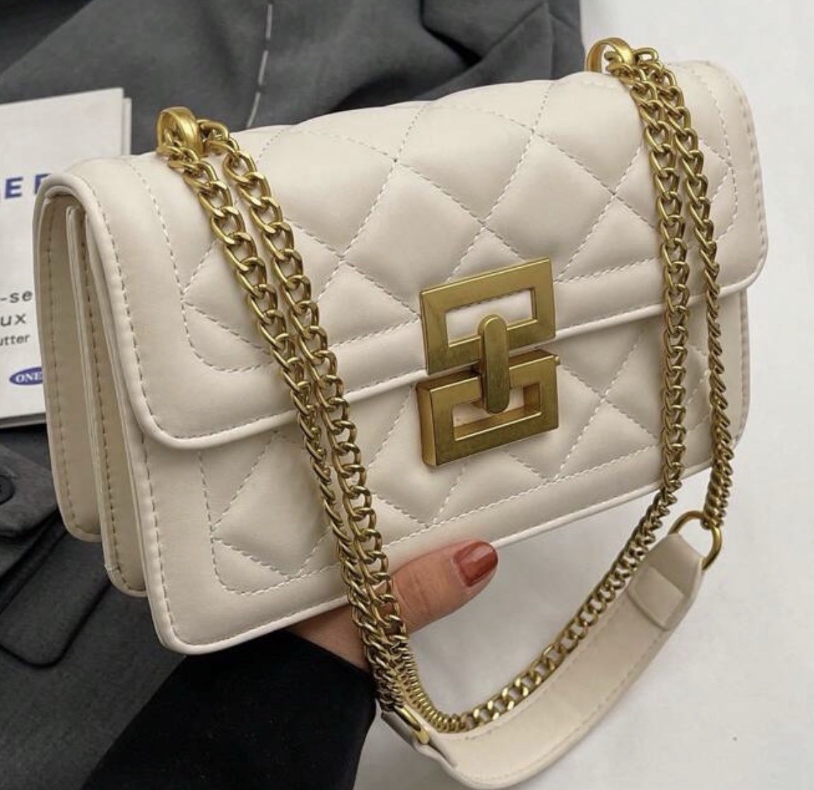 Off White Quilted Flap Rectangle Crossbody Bag Detachable Gold Chain Turn Lock