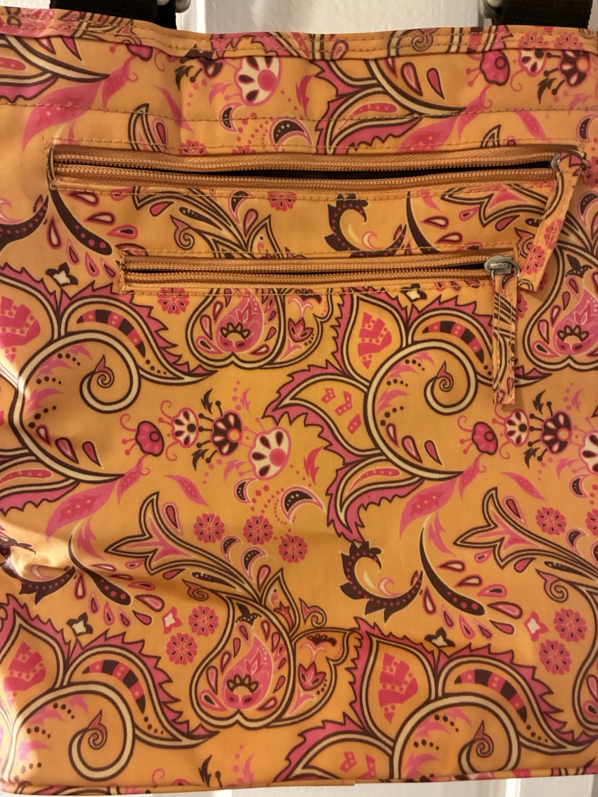 Emilie Sloan Paisley Shoulder Bag Yellow Pink Brown with Zipper Accent