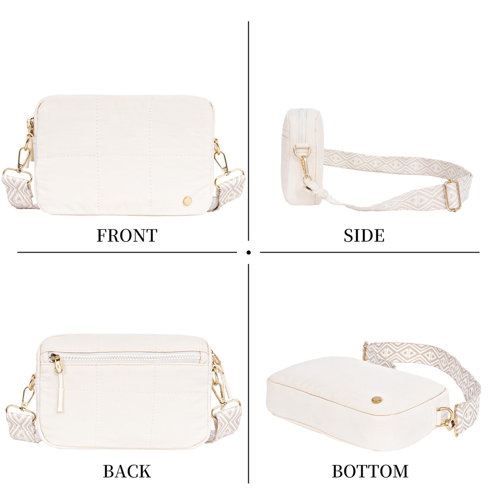 Toptime Quilted Crossbody Bags for Women, Nylon 9″ x 6″ x 1.6″, White