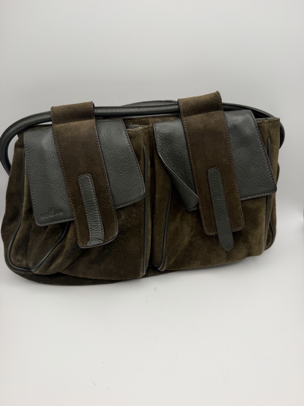 Hogan Brown Suede Leather Shoulder Bag Multi Pocket Italy Large Handbag