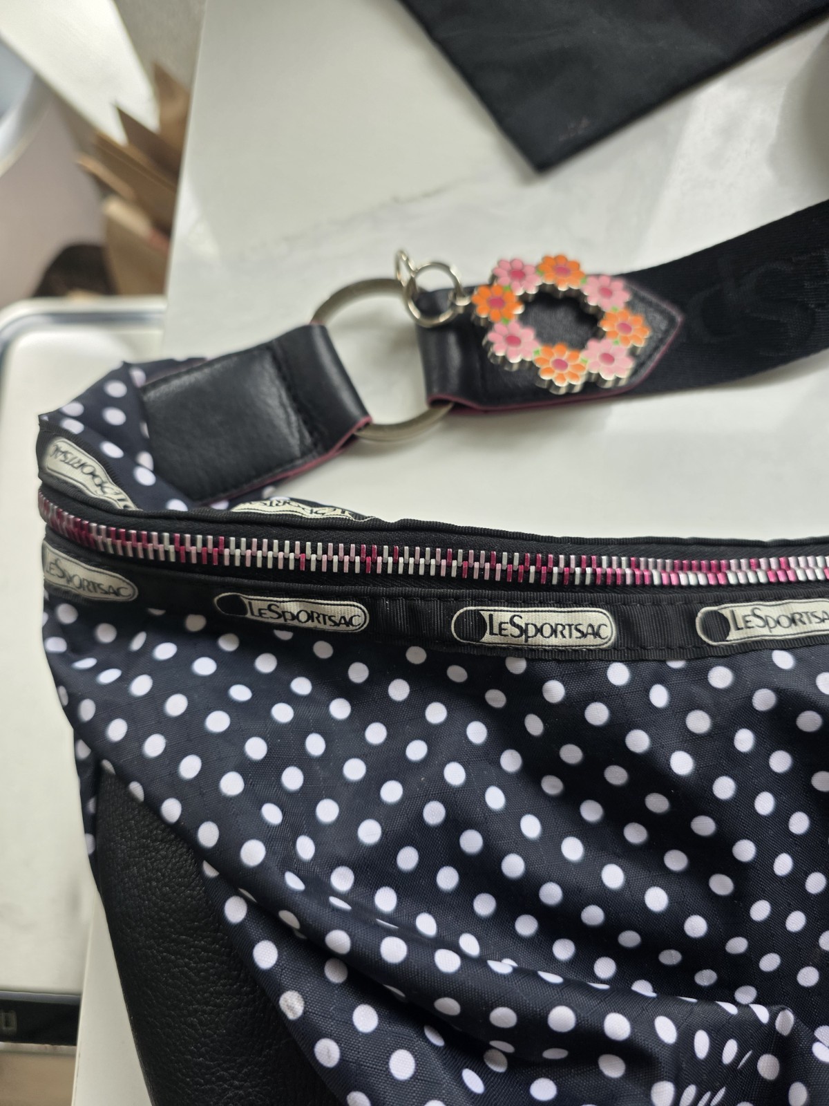 LeSportsac Round Shoulder Bag With Small Pouch NWOT Polka Dots Crossbody Strap