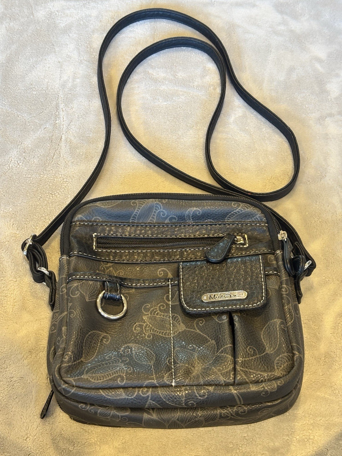 MultiSac Floral Crossbody Purse Black Gray Organizer Shoulder Bag Vegan