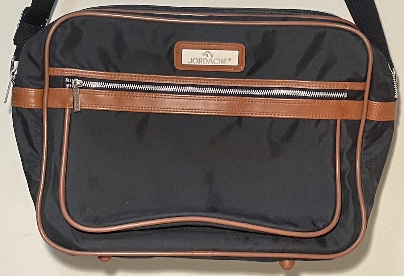 Vtg Jordache Black Brown Piping Tote Bag Adjustable Shoulder Straps Front Pocket