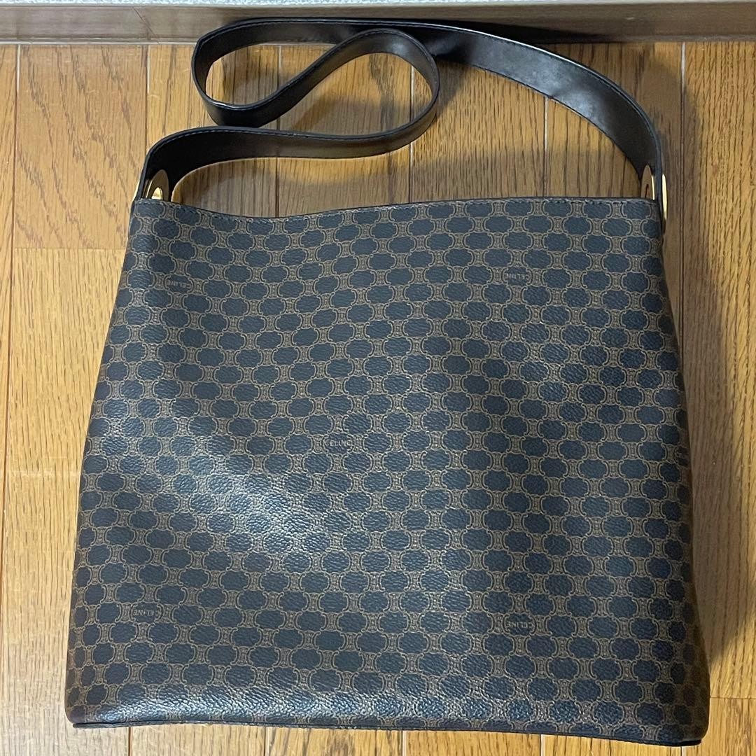 CELINE Macadam Brown Leather PVC Shoulder Bag Tote Authentic Excellent Conditio