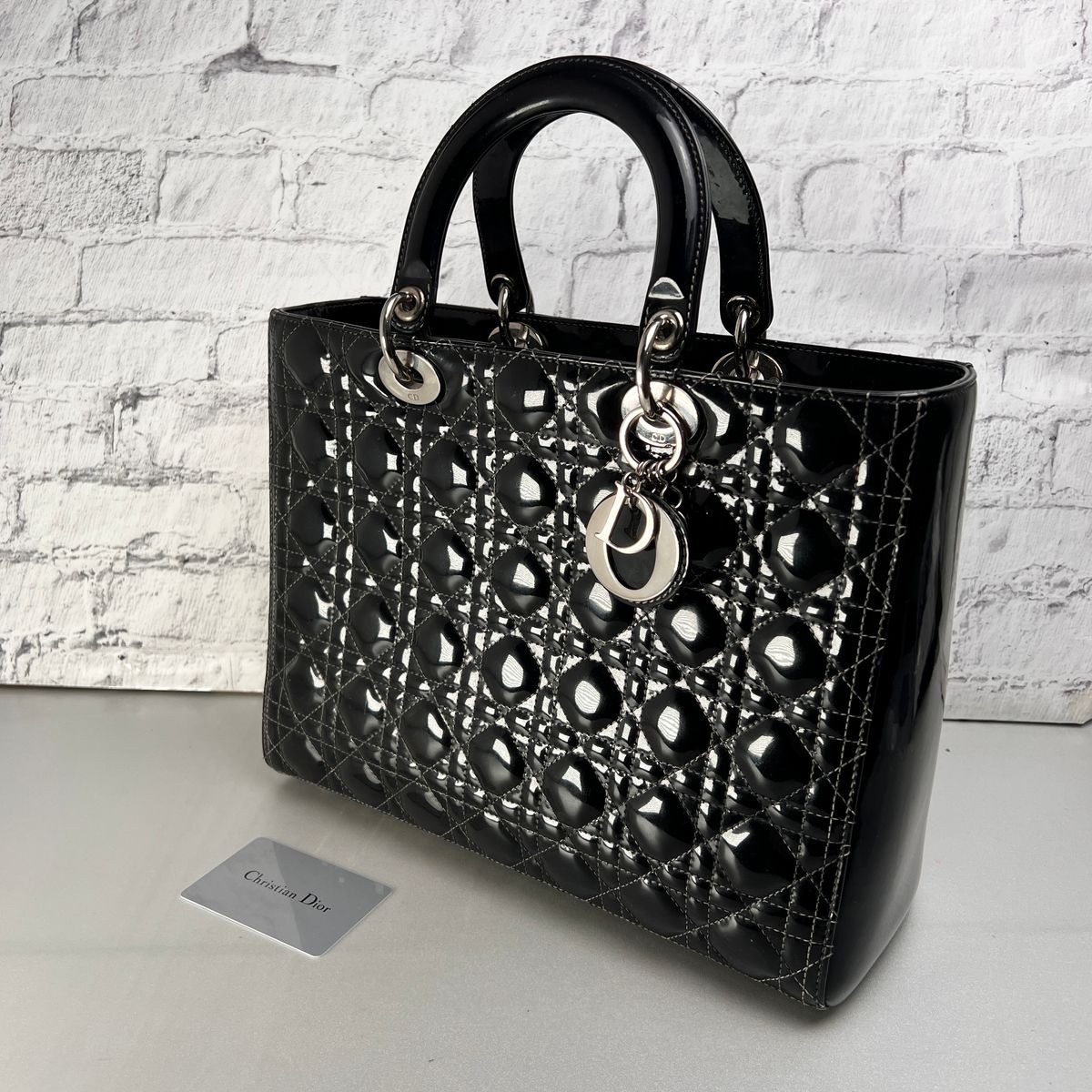 DIOR Bag: Cannage Patent Leather Black W33H25D16cm w/card;