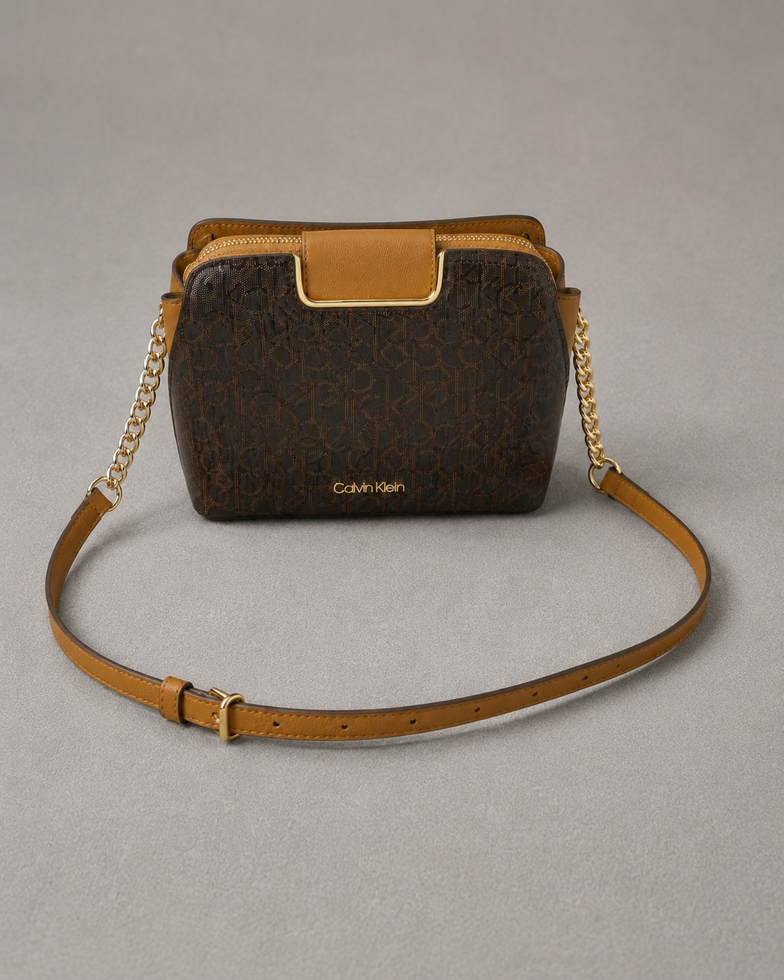 Calvin Klein Brown Monogram Crossbody Bag Zip Gold Chain Tan Adjustable Strap