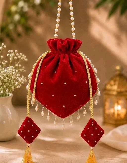 Handcrafted Velvet Bridal Potli Bag Pearl Tassel Wedding Party Ethnic Purse