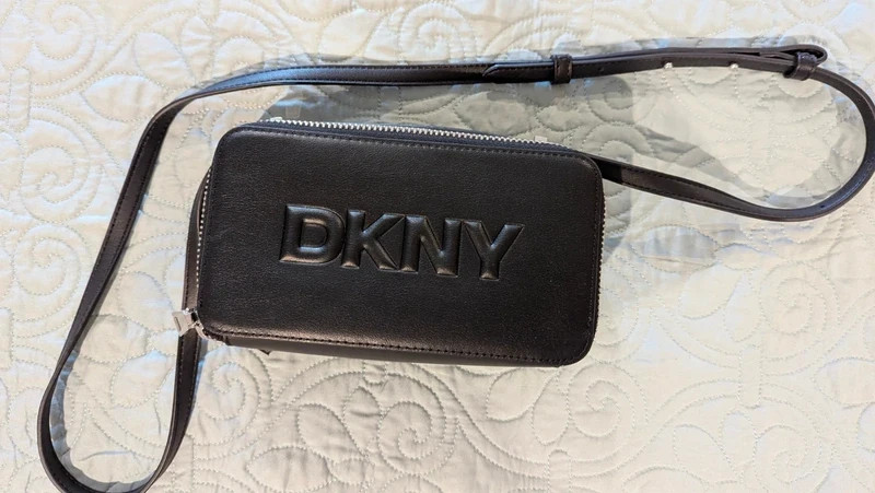 DKNY Black Crossbody Zippered Compact Modern Sleek Rectangular Silhouette Purse