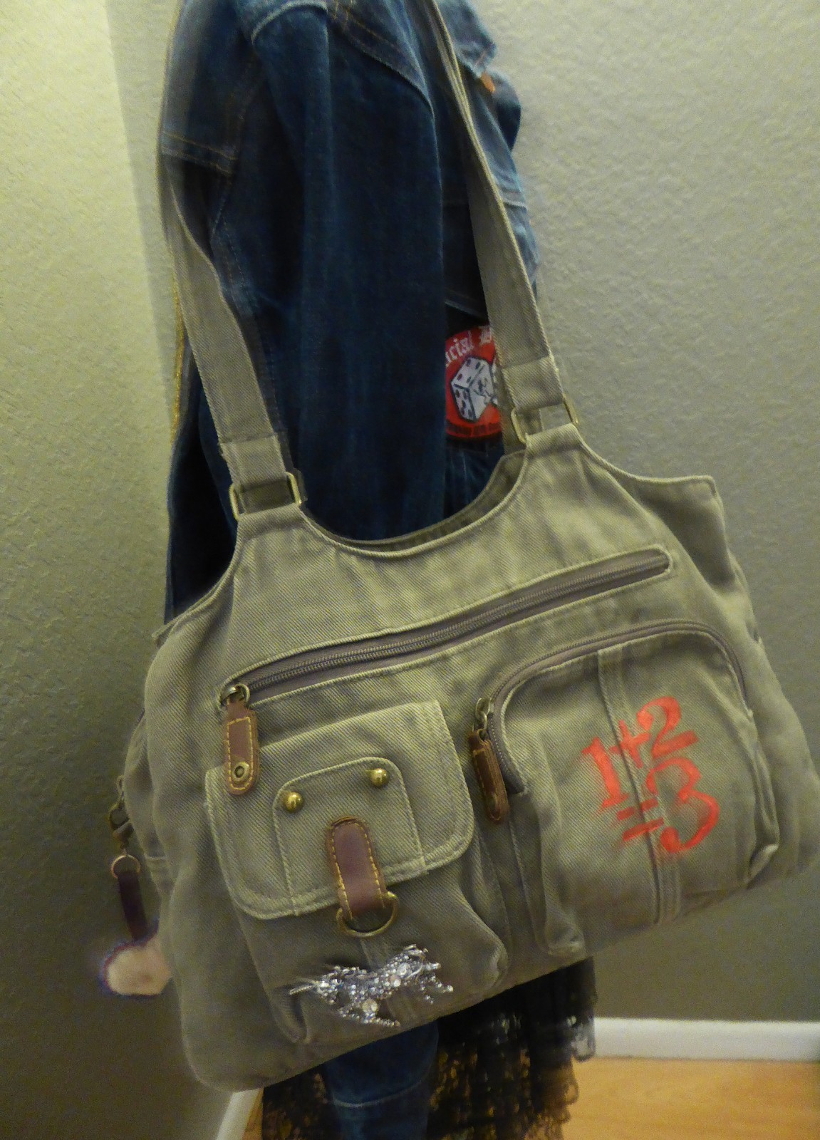 Pop Art Upcycled Denim Shoulder Bag Hand-Painted Kitschy 70s Patch Unicorn Pin