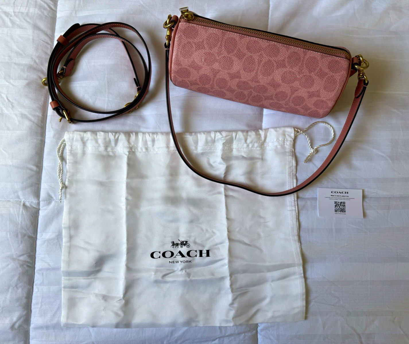 Coach Barrel Bag in Melon Pink with Brass, Detachable Strap Charm, Satin Case