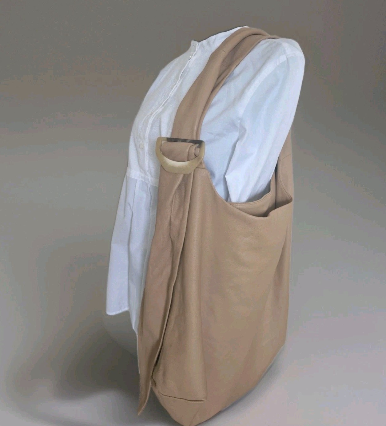 Vince. Leather Tan Lambskin Oversized Open Top Hobo Bag With Horn Buckle