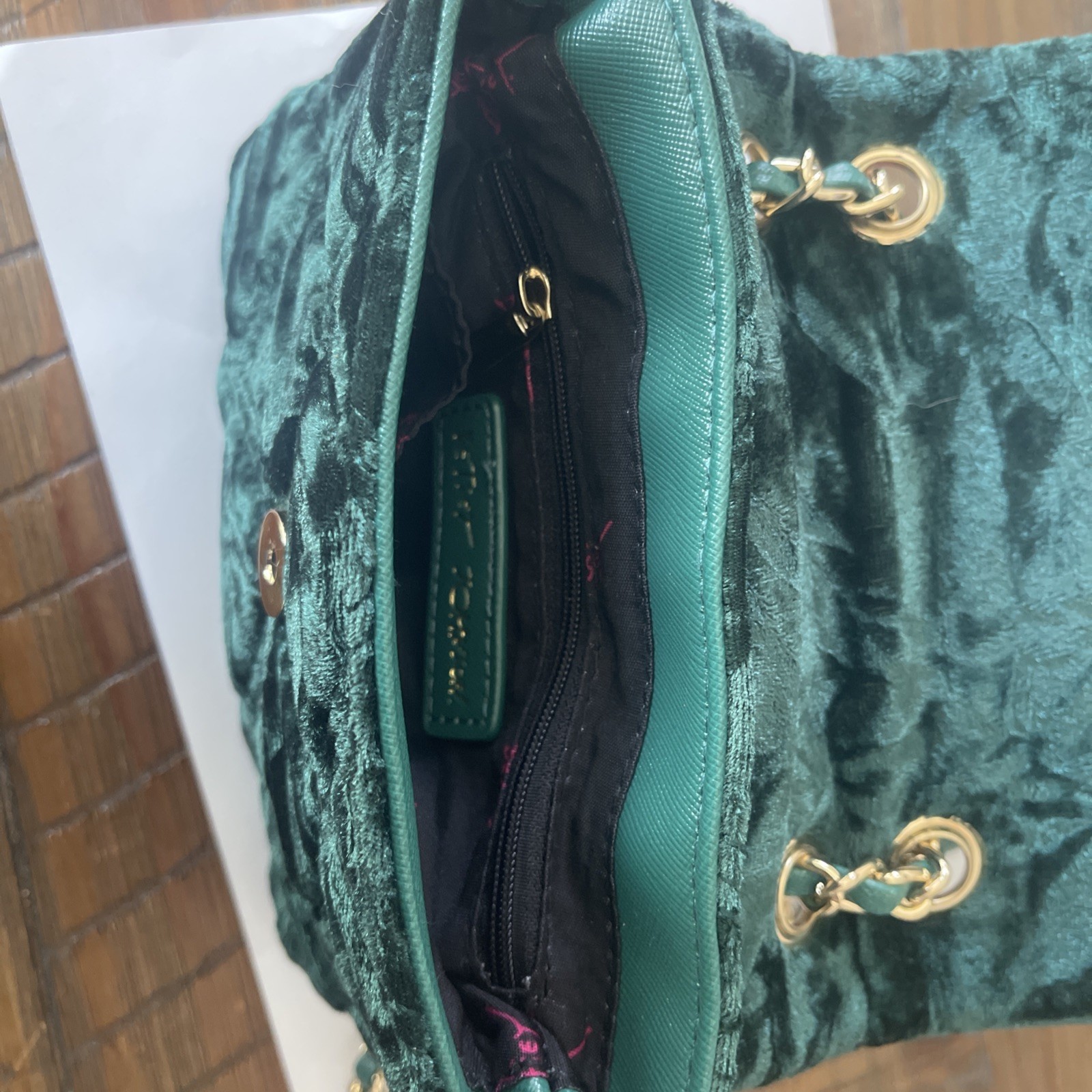 Betsey Johnson Small Purse/ Crossbody Green Velvet Quilted Chain Strap
