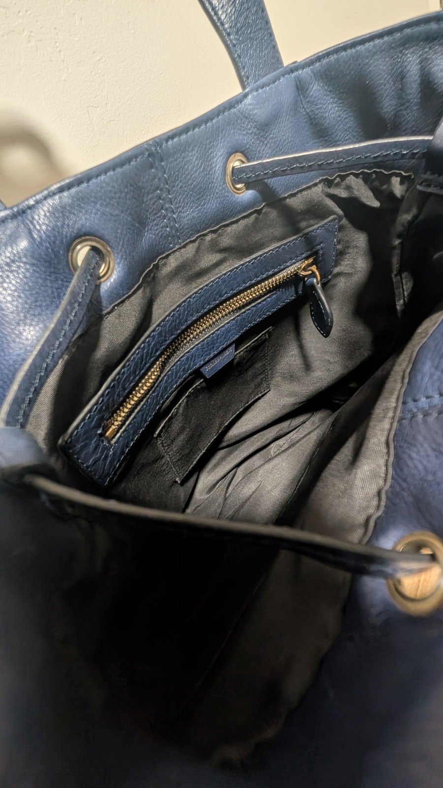 Joelle Hawkens Navy Shoulder Bag Pebbled Leather Drawstring Zip Studs