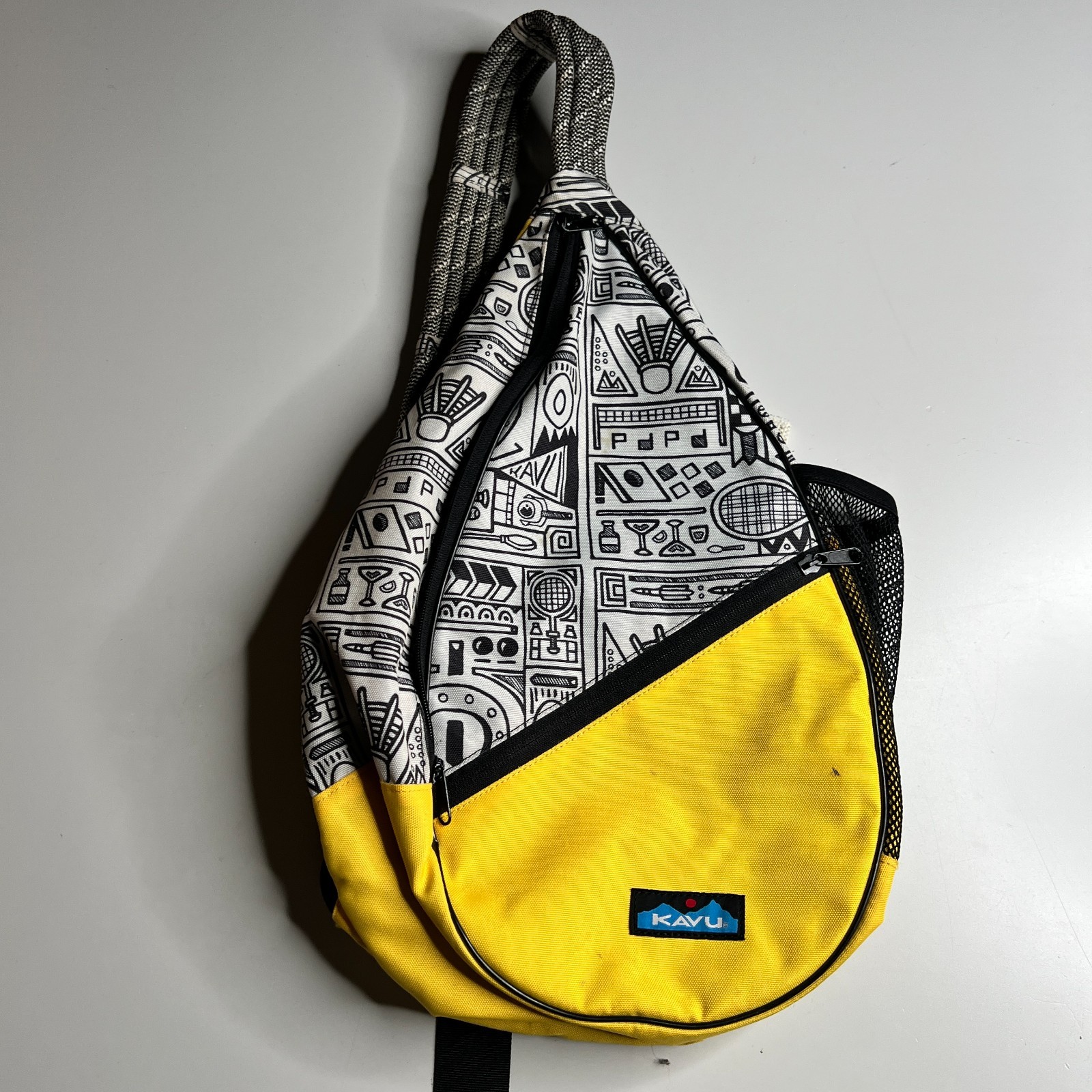 KAVU Rope Sling Backpack Yellow Black Pattern Crossbody Outdoor Bag USA