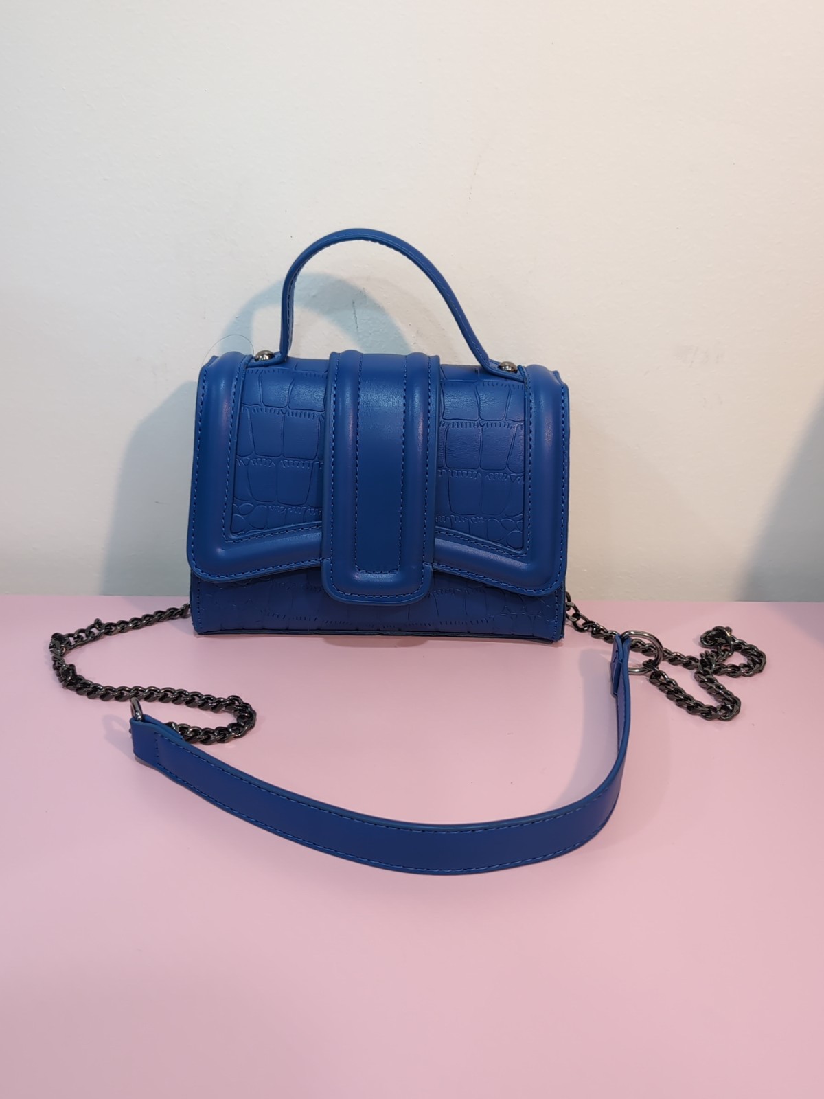 Royal Blue Embossed Small Crossbody Bag w/Chain Strap Top Handle Coquette Y2K