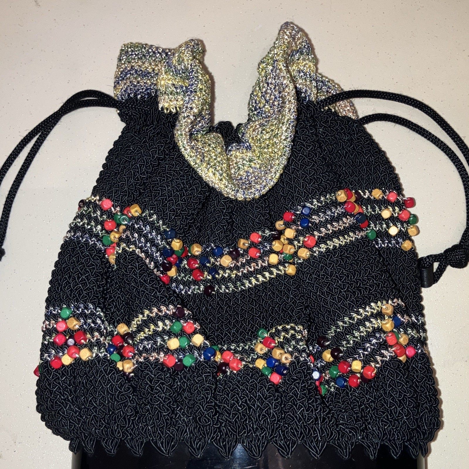 Beaded Drawstring Purse Black With Multicolored beads hard plastic bottom (K6)