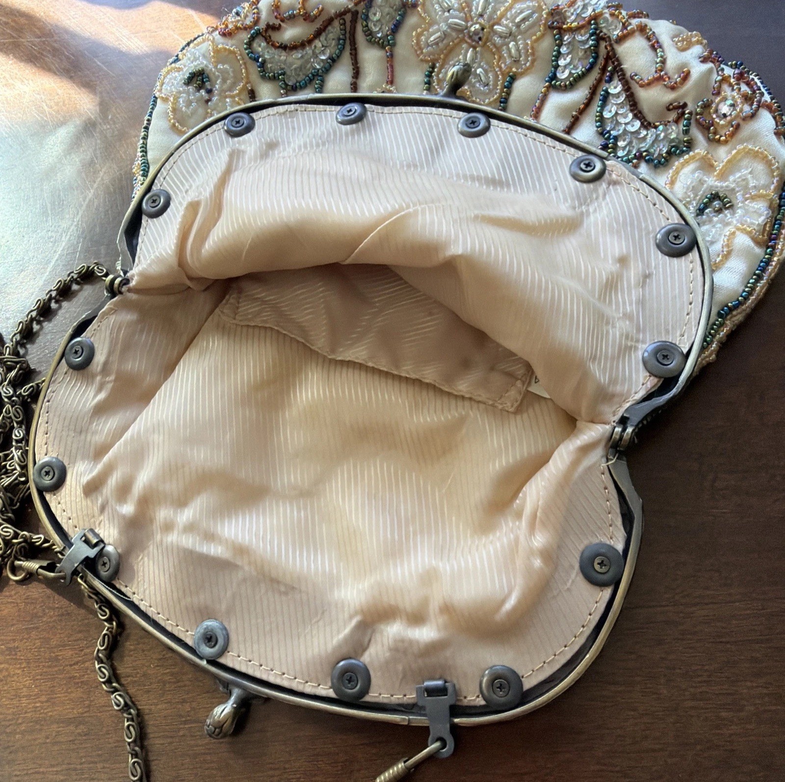 Vintage Look Ivory Beaded Evening Purse Art Deco Brass Tone Metal Frame Chain