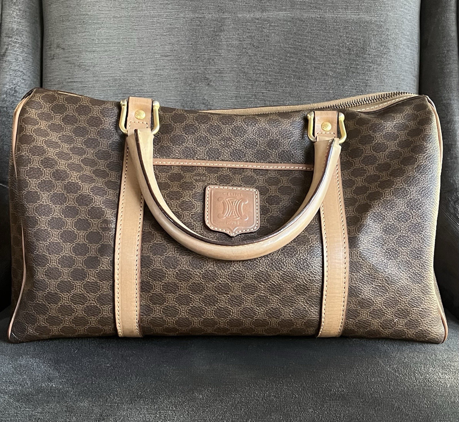 Vintage Celine Macadam Boston Bag Brown PVC Leather Travel Satchel Italy
