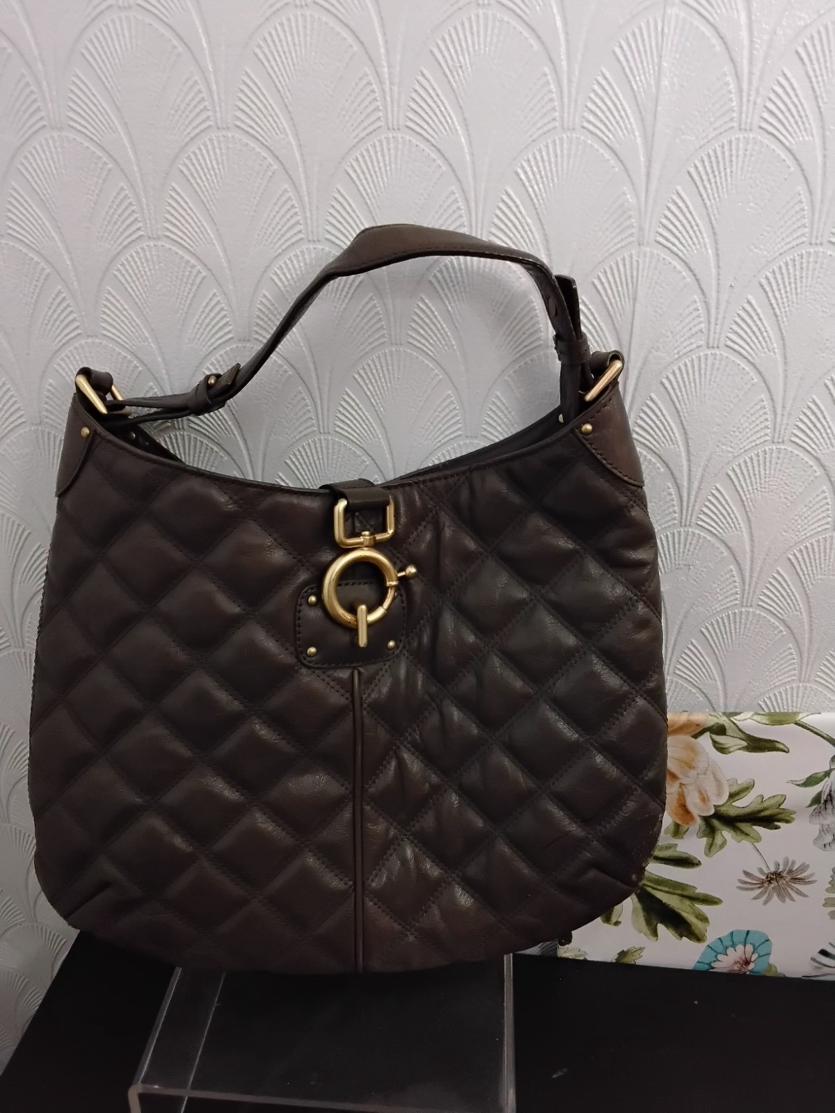 J Crew Quincy Quilted Olive Green Bag Large 14″ W 12″ T anf 4″ d