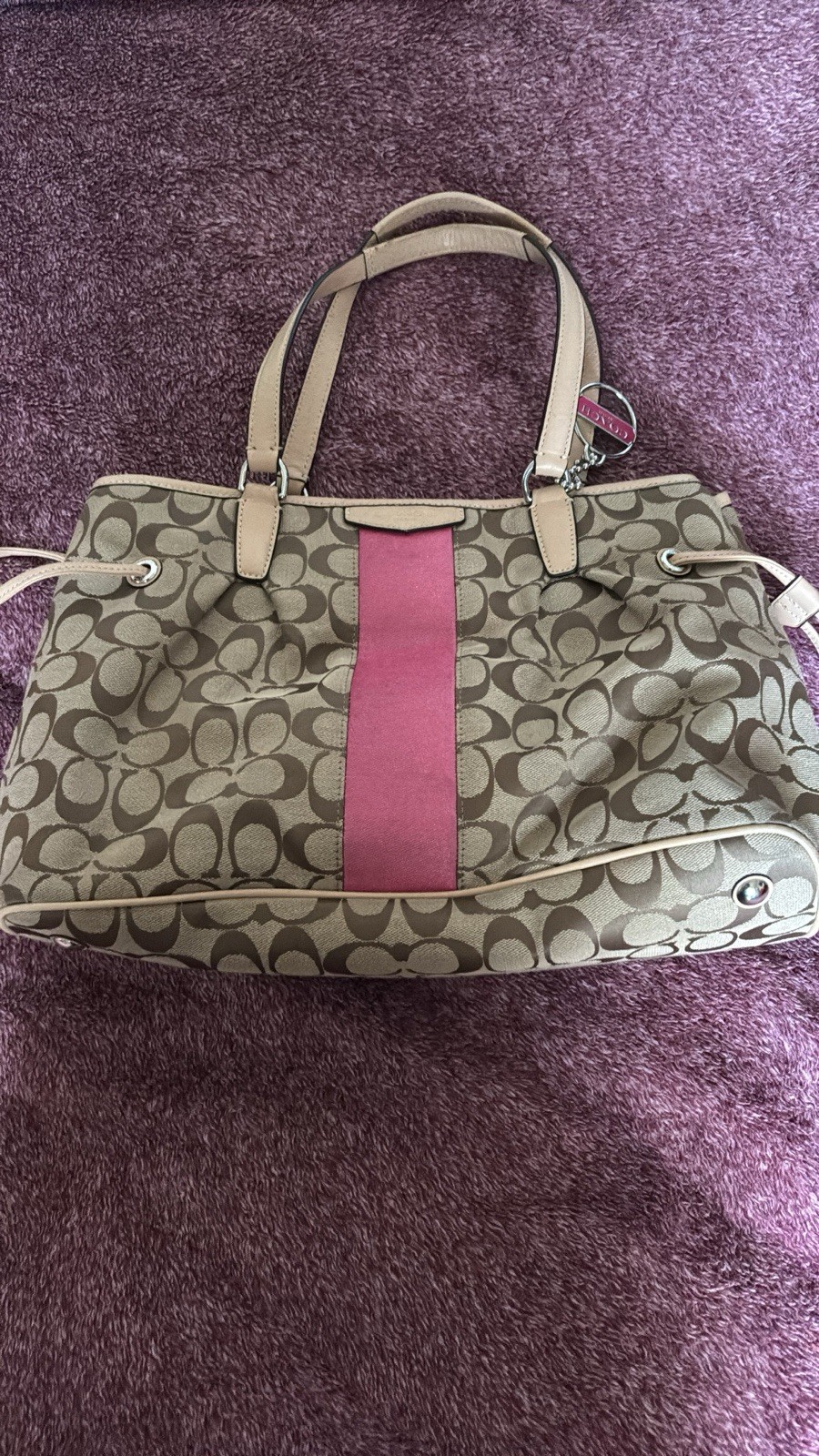 Coach Logo Bucket Drawstring Shoulder Bag Beige Pink Silver Hardware Charm