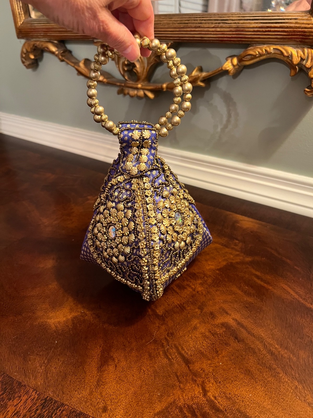 NWOT Royal Blue & Gold Beaded Fortune Cookie Purse Bag Handbag