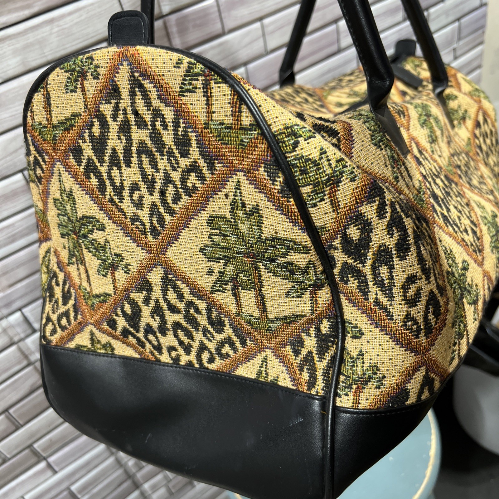 Y2K Club A Tote Bag Large 21×17 Leopard Palm Trees Black Faux Leather Trim VTG