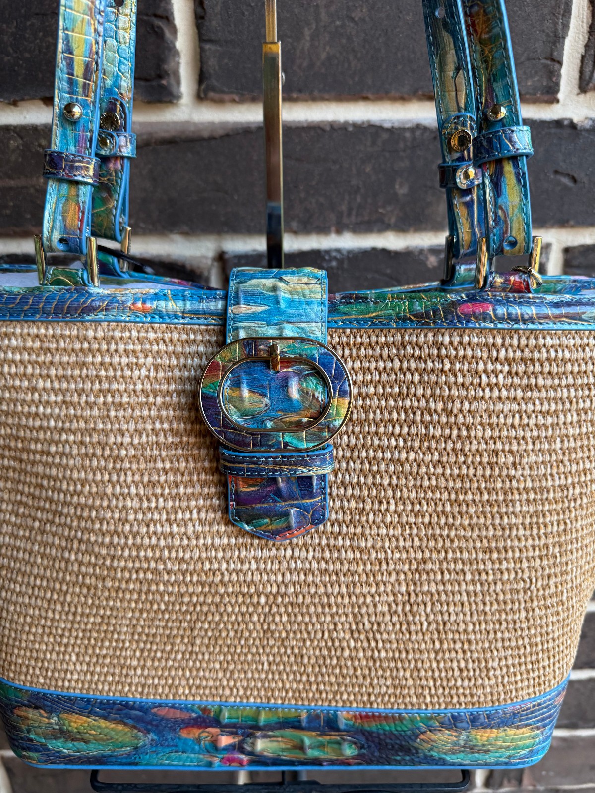 NWT $345 Brahmin Asher Medium Waterlily Abloom Raffia Tote multi blue