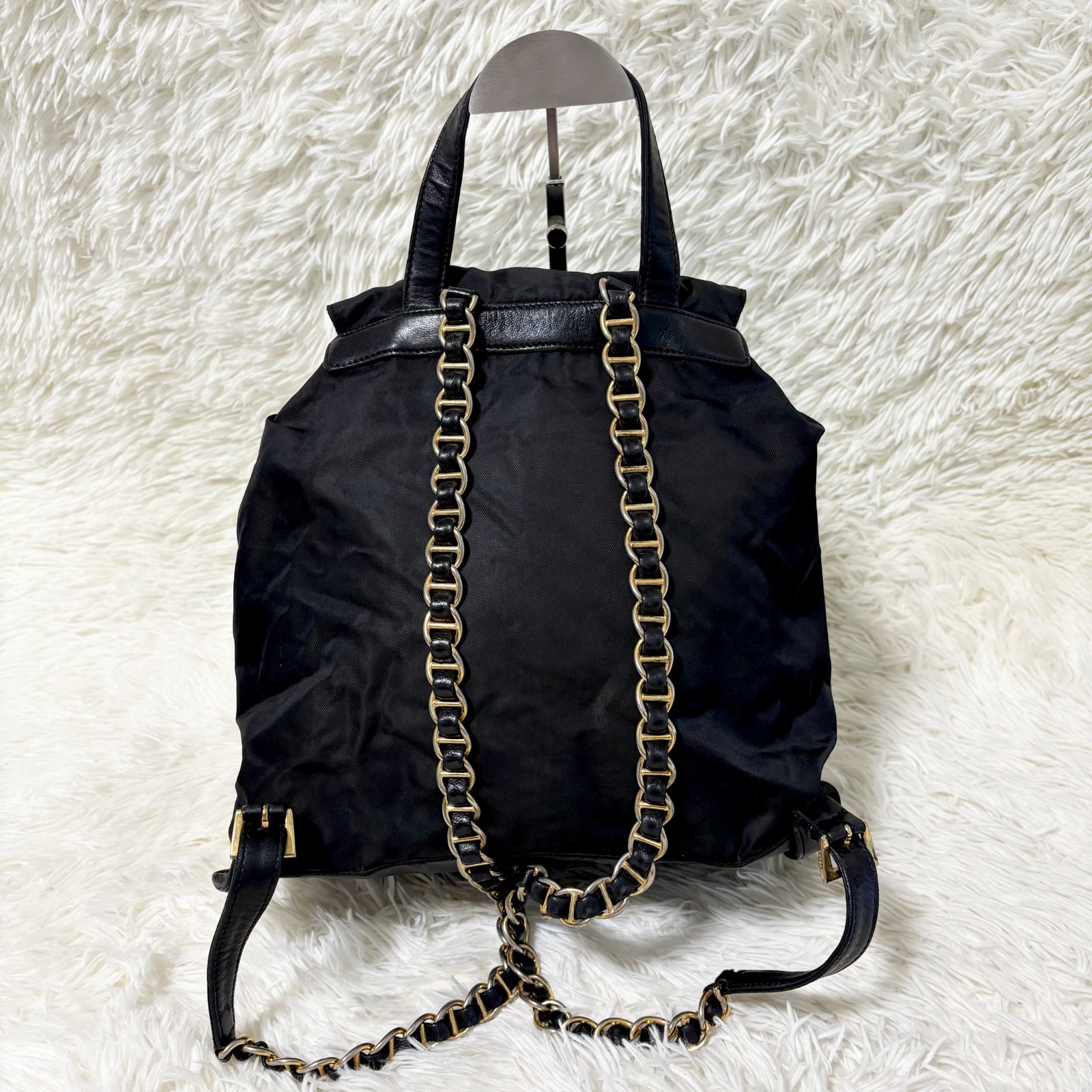 Super PRADA Backpack Gold Chain Triangle Logo Plate Nylon Black From Japan