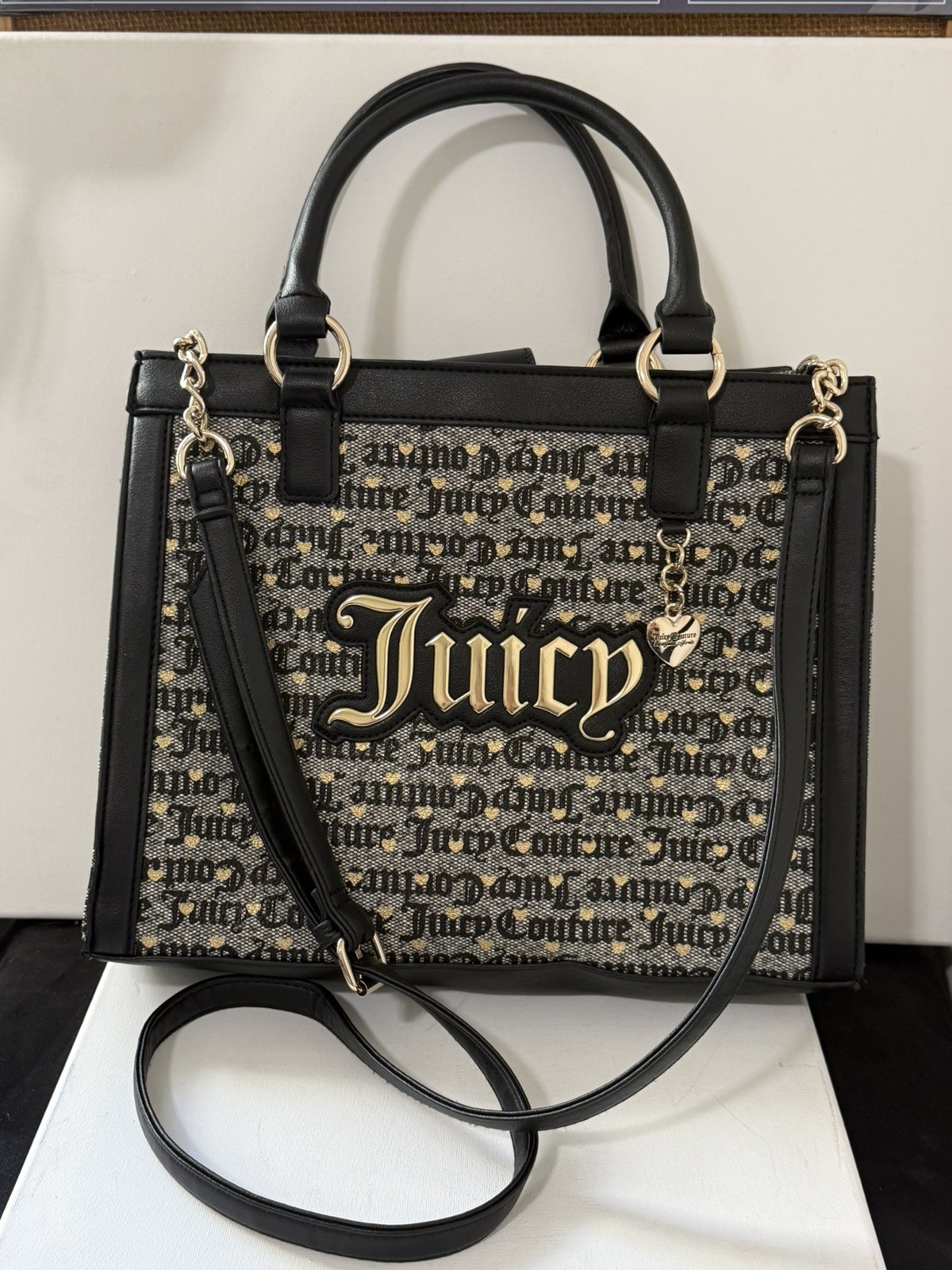 Juicy Couture Black Beige Gold Chain Crossbody (12 inch)