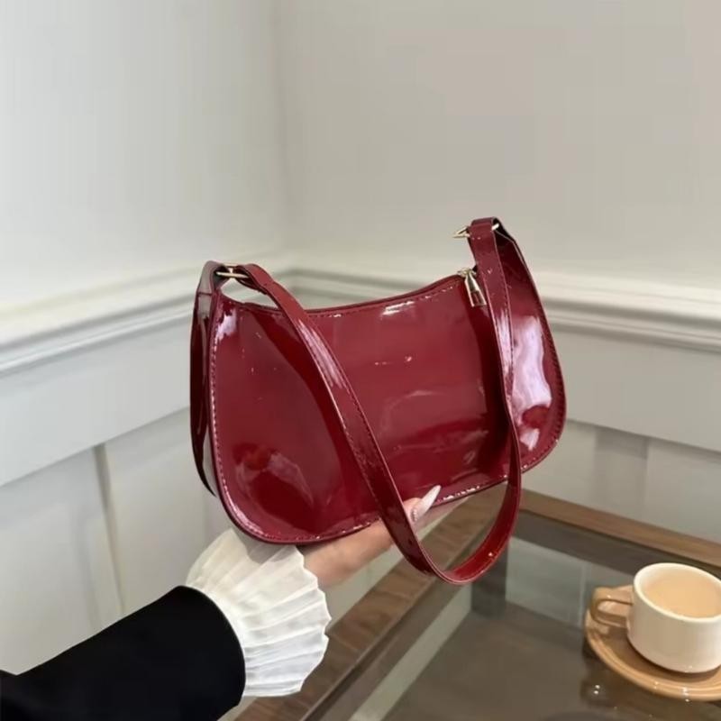 Wine Red Aesthetic Patent Leather Shoulder Bag