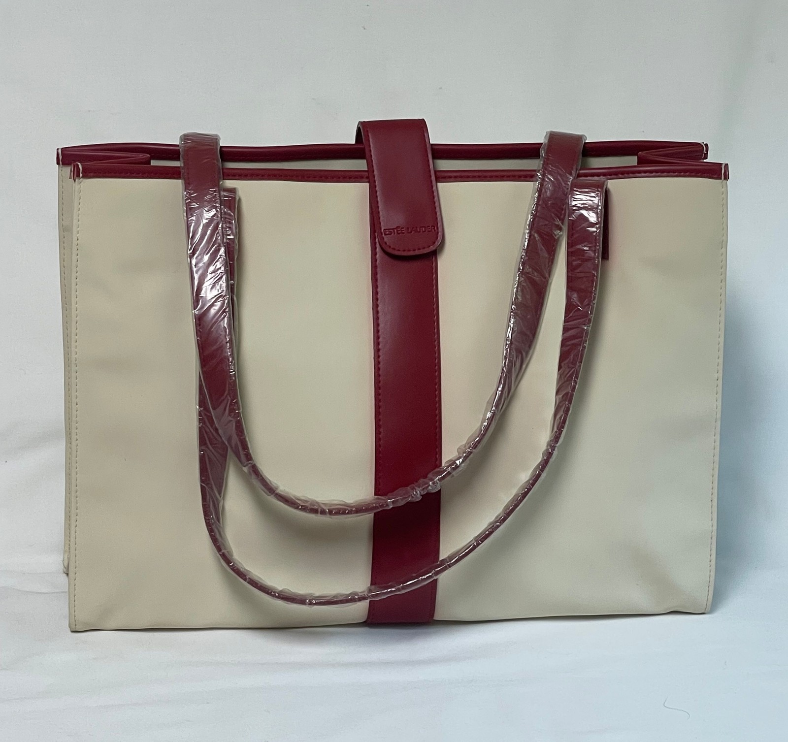 Estee Lauder Large Tote Bag w/ Snap Button to Close – Beige & Brick Red – New
