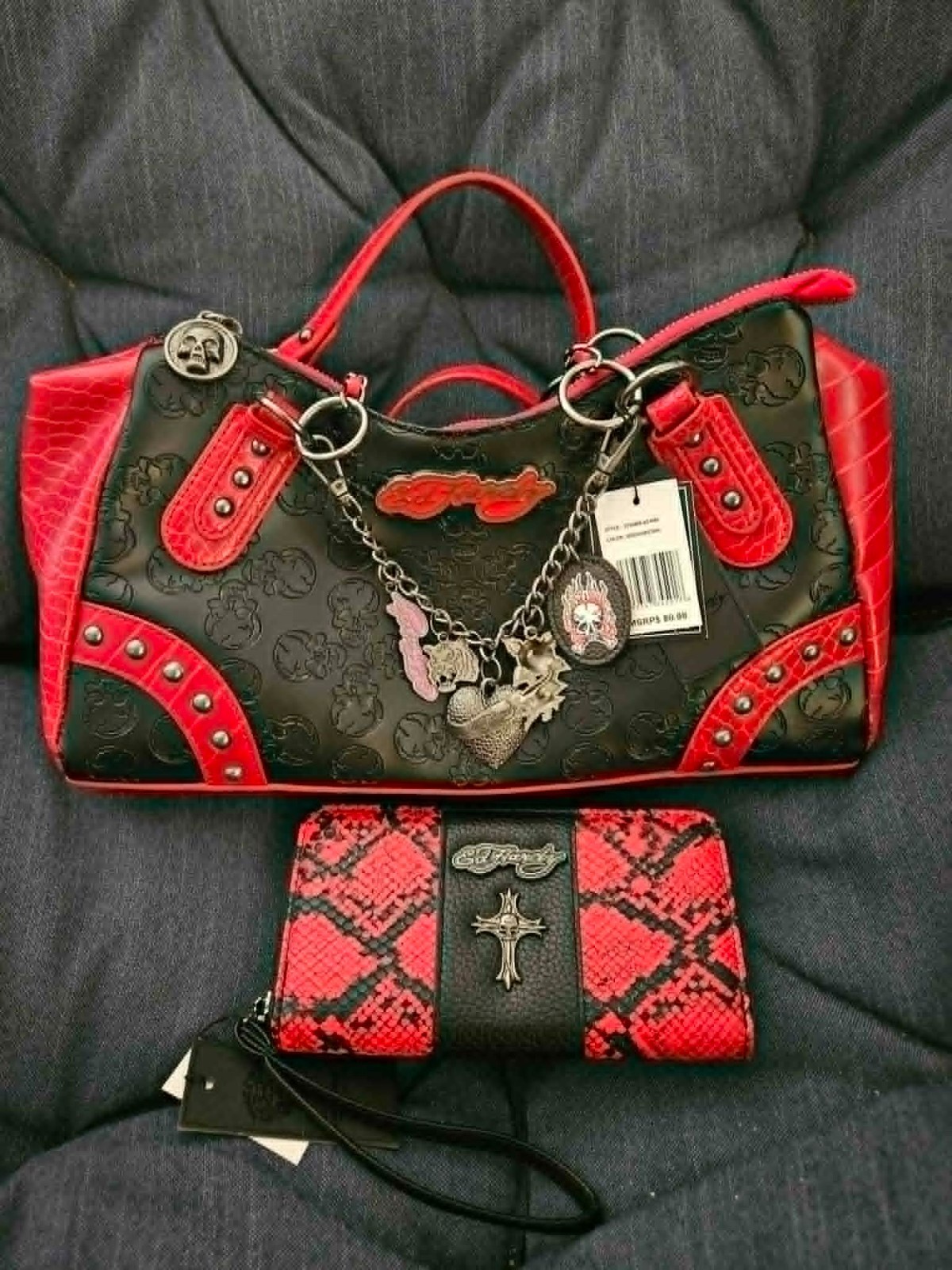 Ed Hardy Blk & Red, Chain Skull Charms HANDBAG & Blk & Red WALLET SET Option
