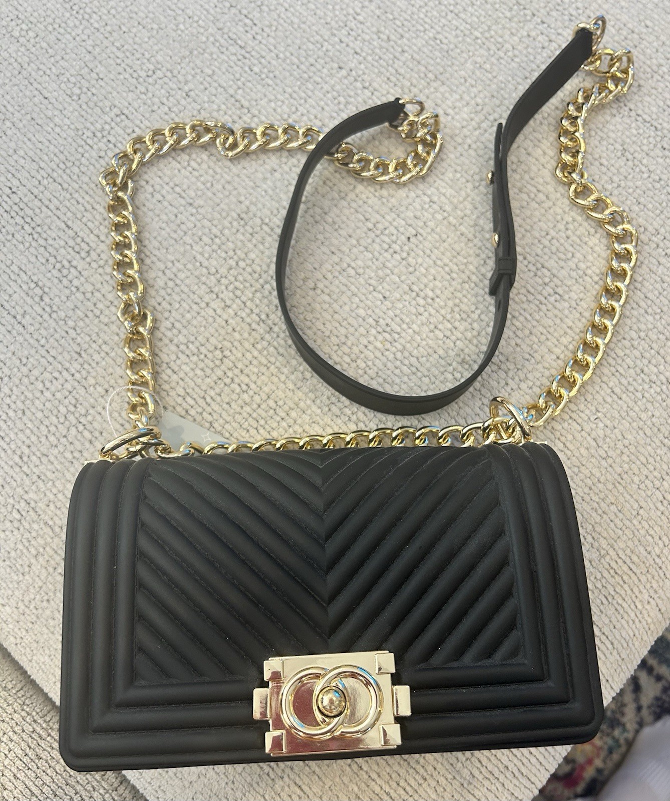 MW Black Chevron Quilted Small Crossbody Bag Gold Chain Push Lock Detach