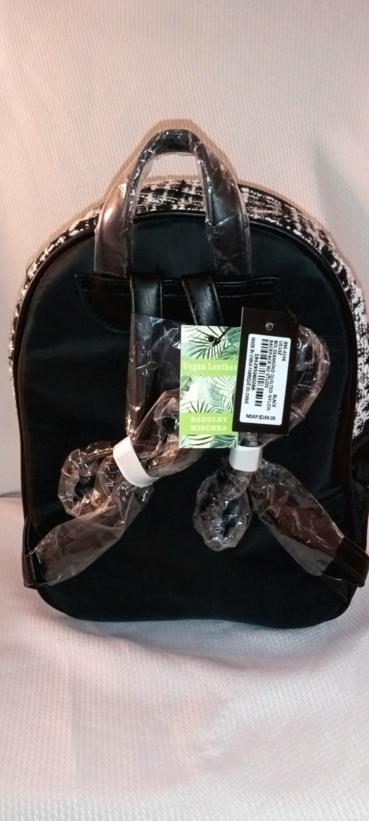 Badgley Mischka Black Quilted Nylon Mini Backpack Tweed Diamond Studs NWT