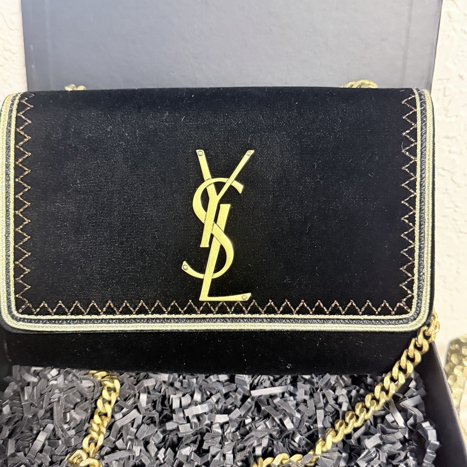 Saint Laurent YSL Kate Velvet with Gold Chain Strap Logo w/ Auth Cert