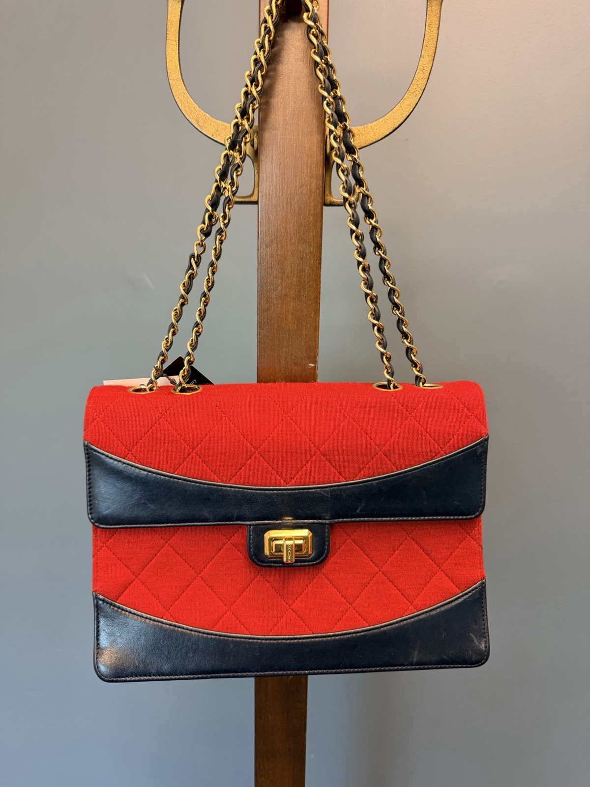 CHANEL Vintage Series 1 Flap Bag, Red Jersey Navy Leather GHW Comes W Card & COA