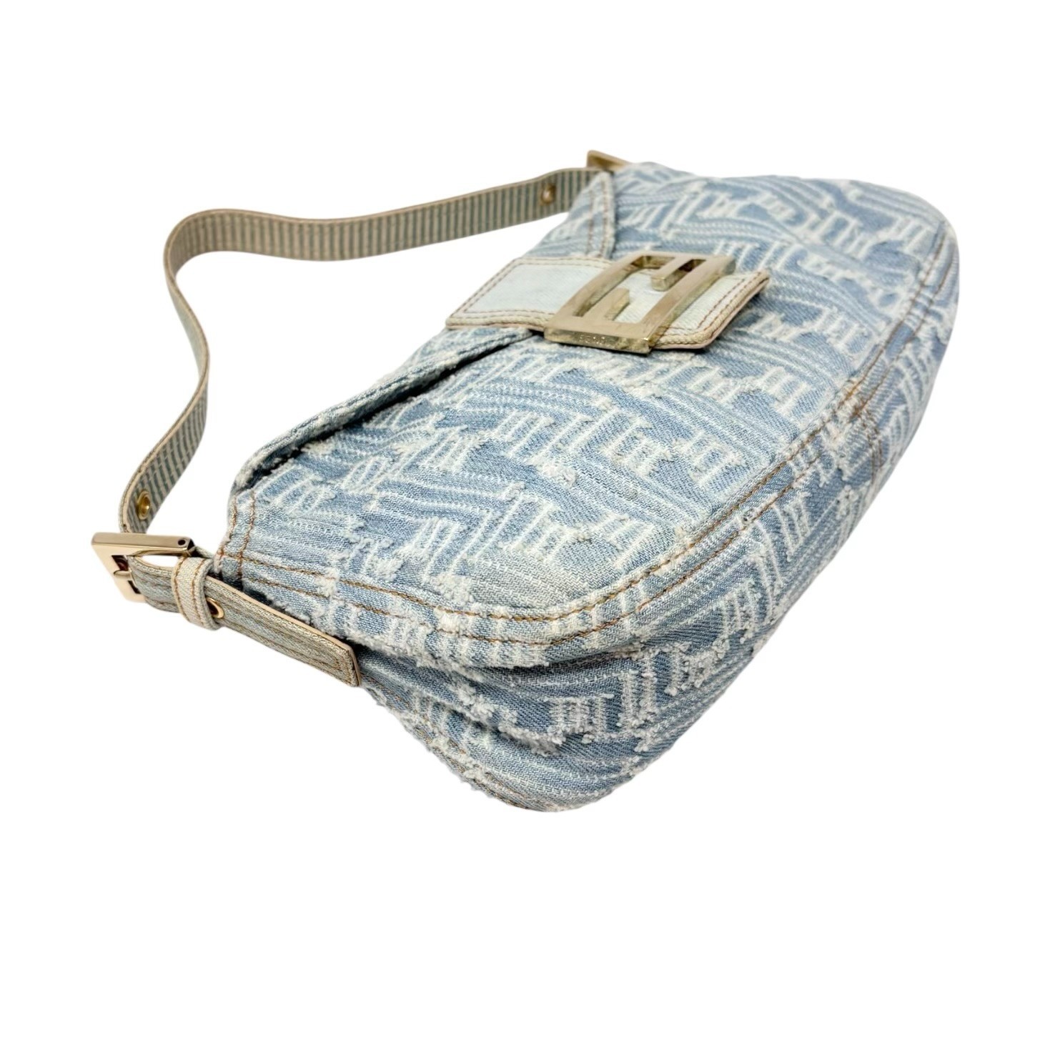 FENDI Vintage FF Zucca Monogram Denim Mamma Baguette Shoulder Bag Blue Gold