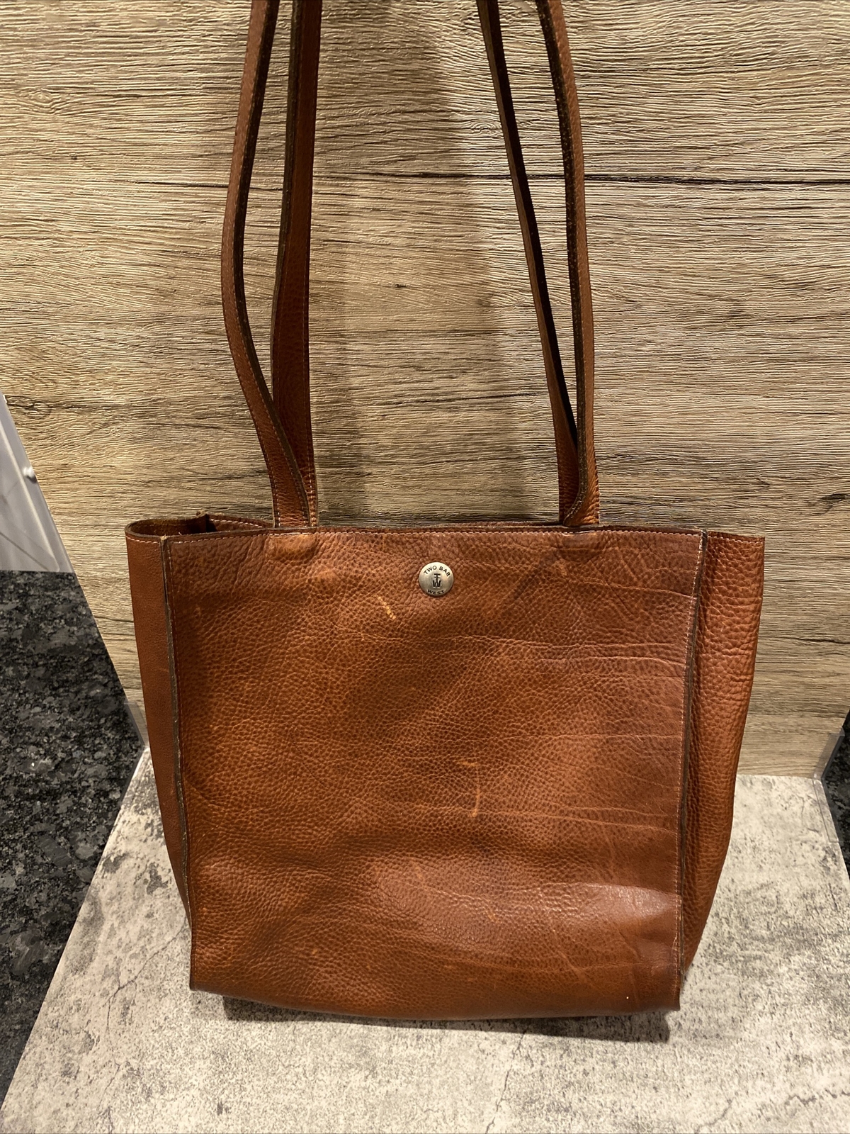 Vintage Two Bar West Distressed Leather Tote Bag