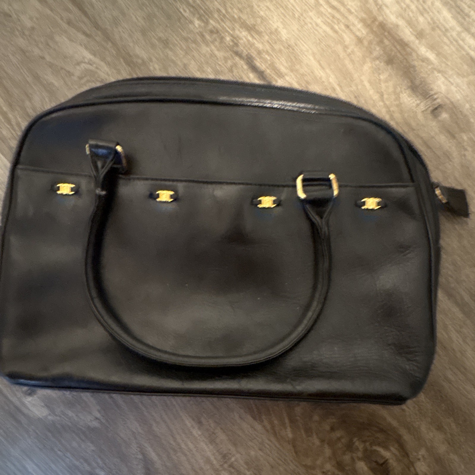 Etienne Aigner Black Satchel Top Handle Zip Gold Hardware Double Handles Pockets