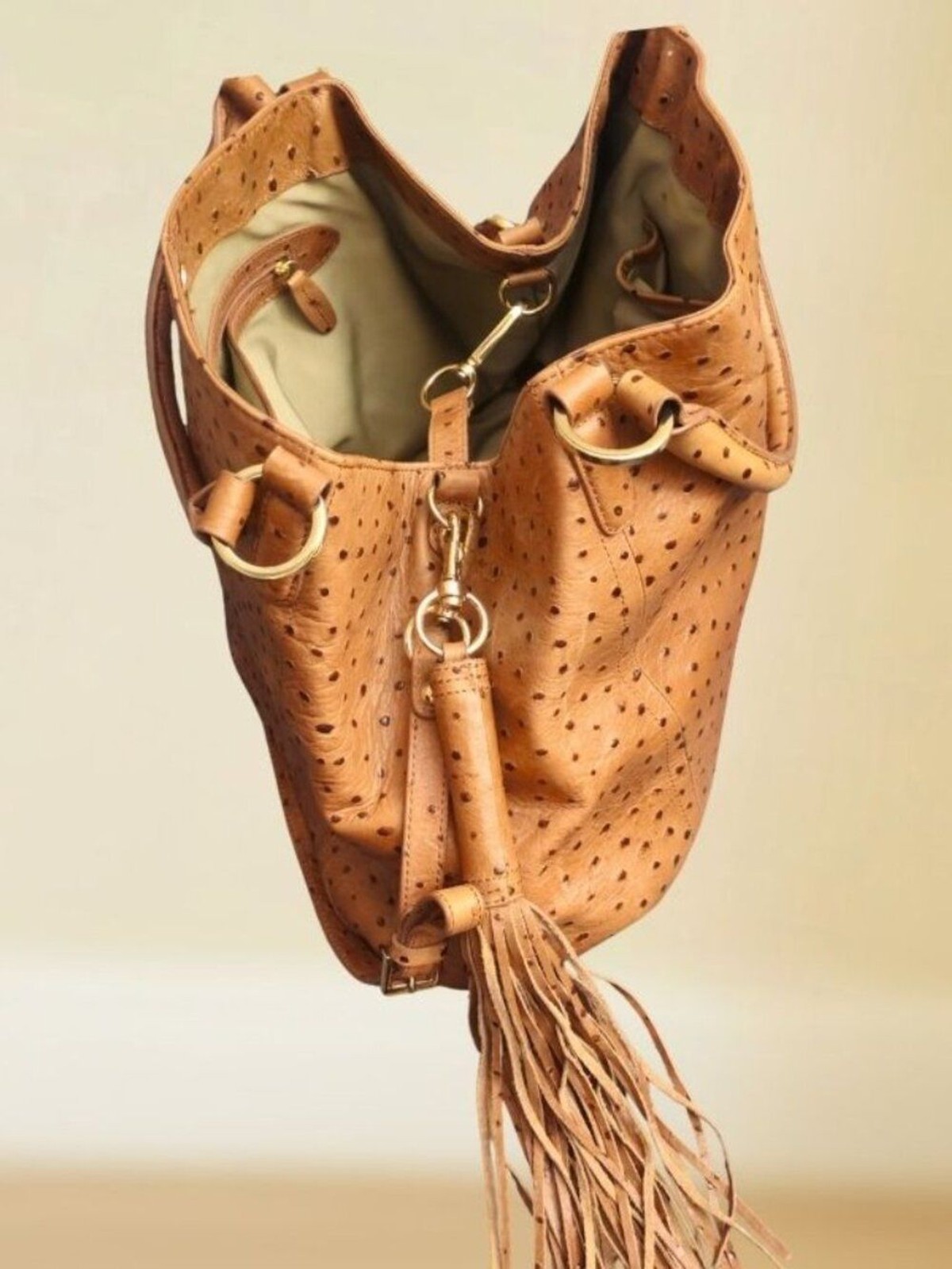 G.I.L.I. Roma 2 Ostrich Embossed Italian Leather Tote Bag w/Strap & Tassel