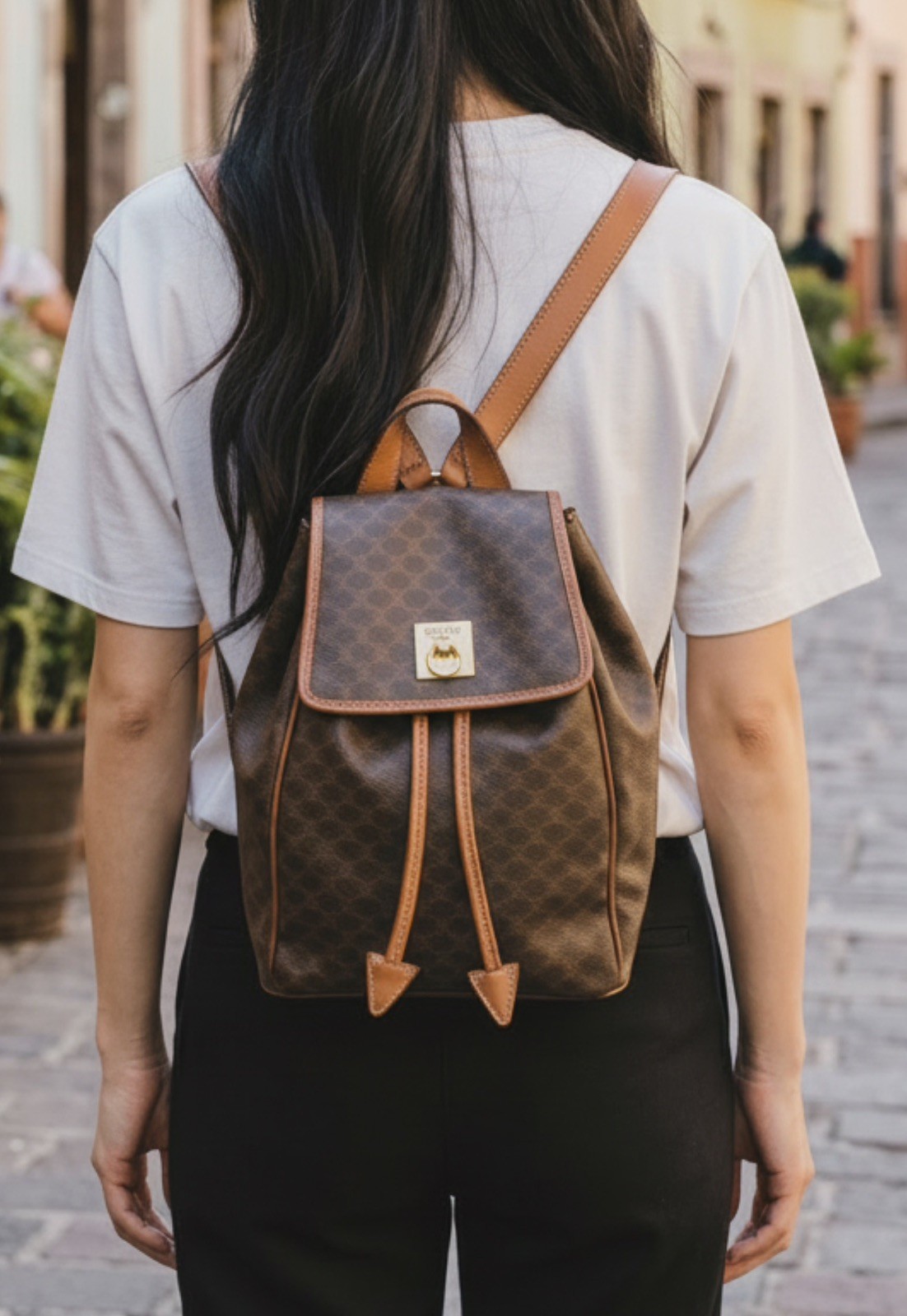 💫Authentic CELINE Macadam Monogram PVC & Leather Drawstring Backpack Vintage💫