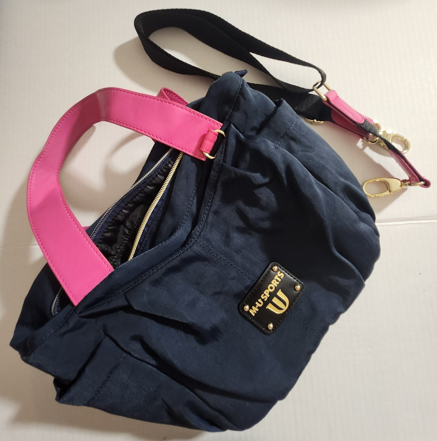 M.U SPORTS Navy Pink Tote Bag Gold Hardware Zip Closure Double Handles Strap