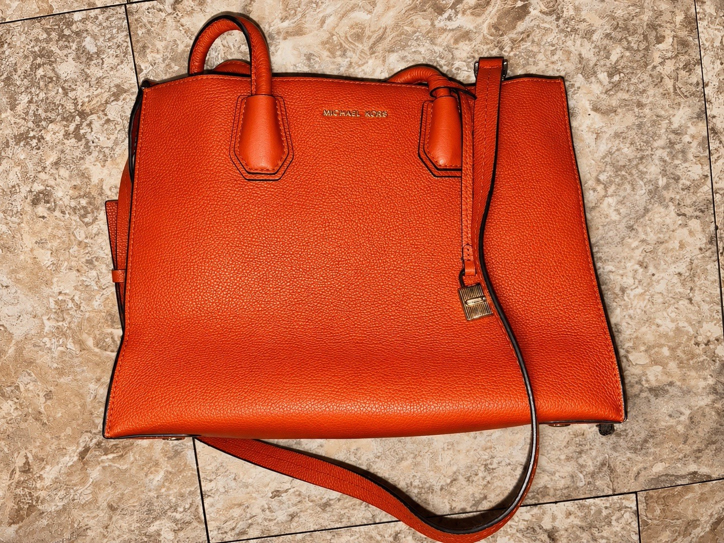 Michael Kors Orange Pebbled Crossbody Bag, Detachable Strap, Gold Hardware