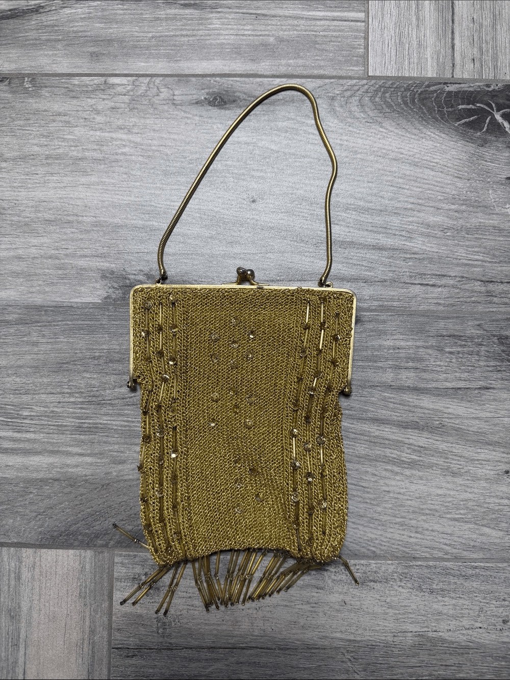 Vintage Gold Beaded Evening Bag with Fringe and Diamond Accented Snap Closure