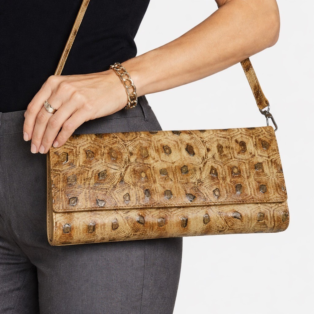 LODIS leather convertible clutch shoulder handbag turtle tortoise shell print