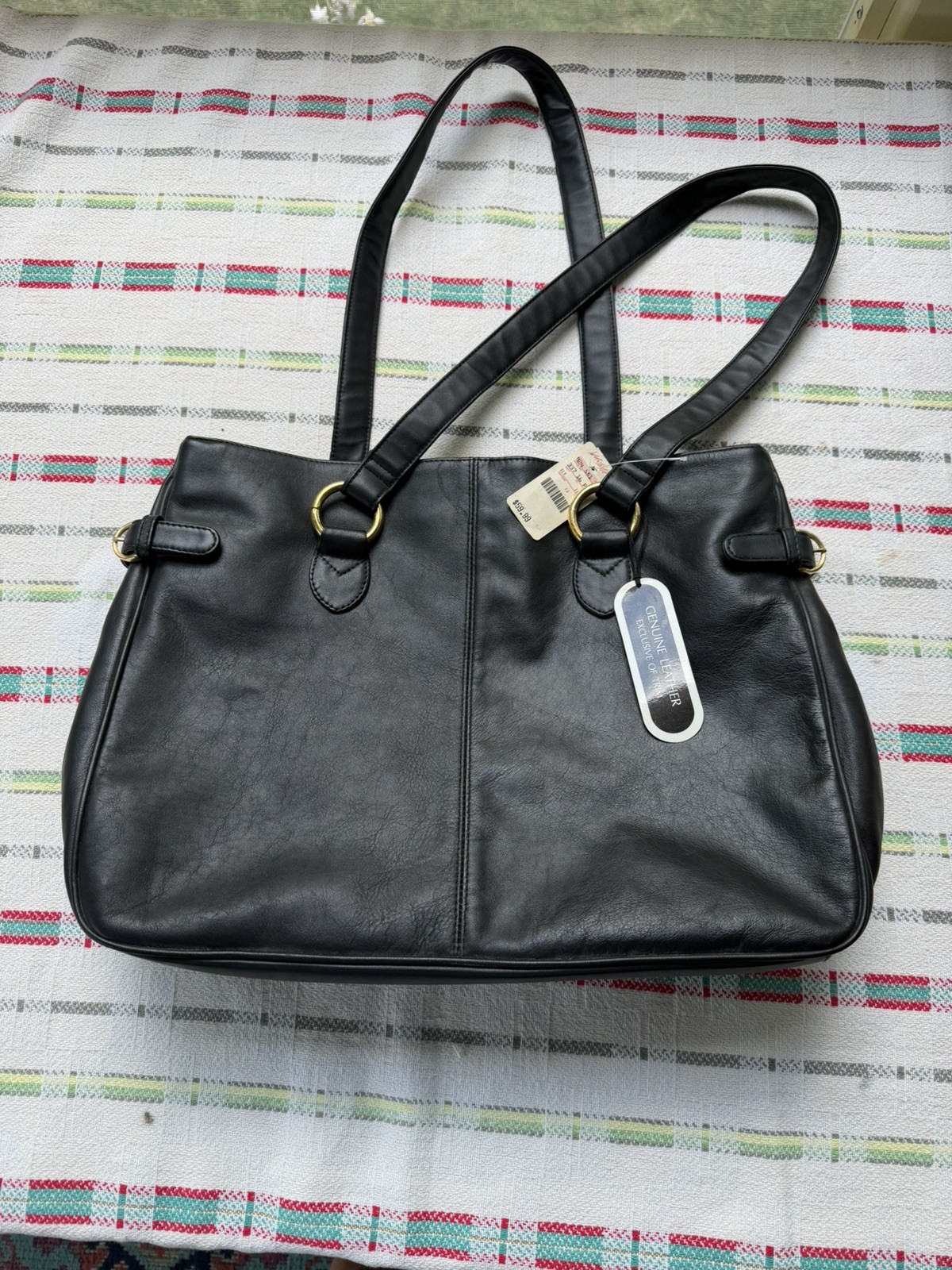 Vintage Y2K Lord & Taylor Genuine Leather Black Work Tote Shoulder Bag NWT