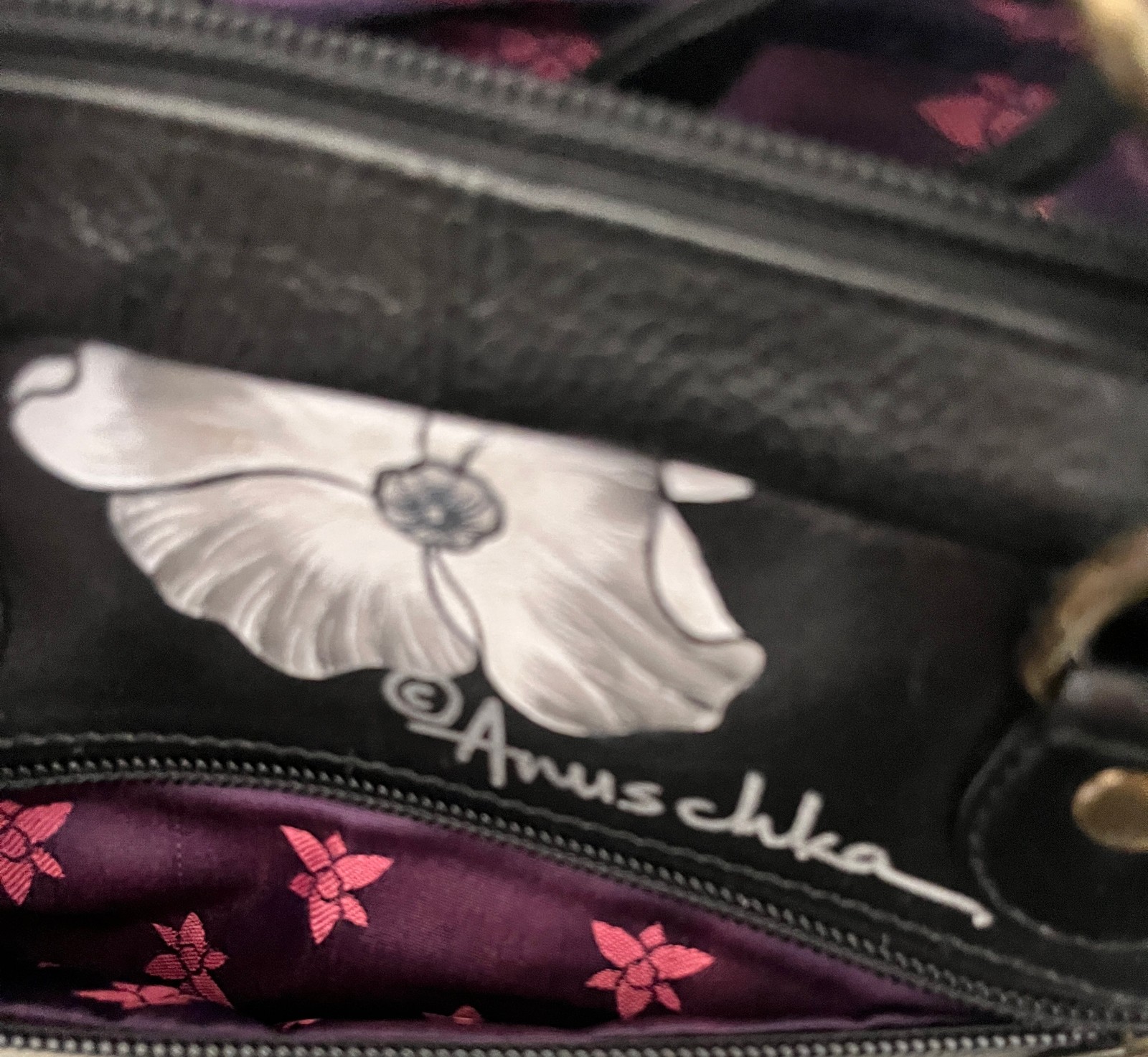 Anuschka Black with White and Gray Butterflies 10Wx8Hx2D with key clip