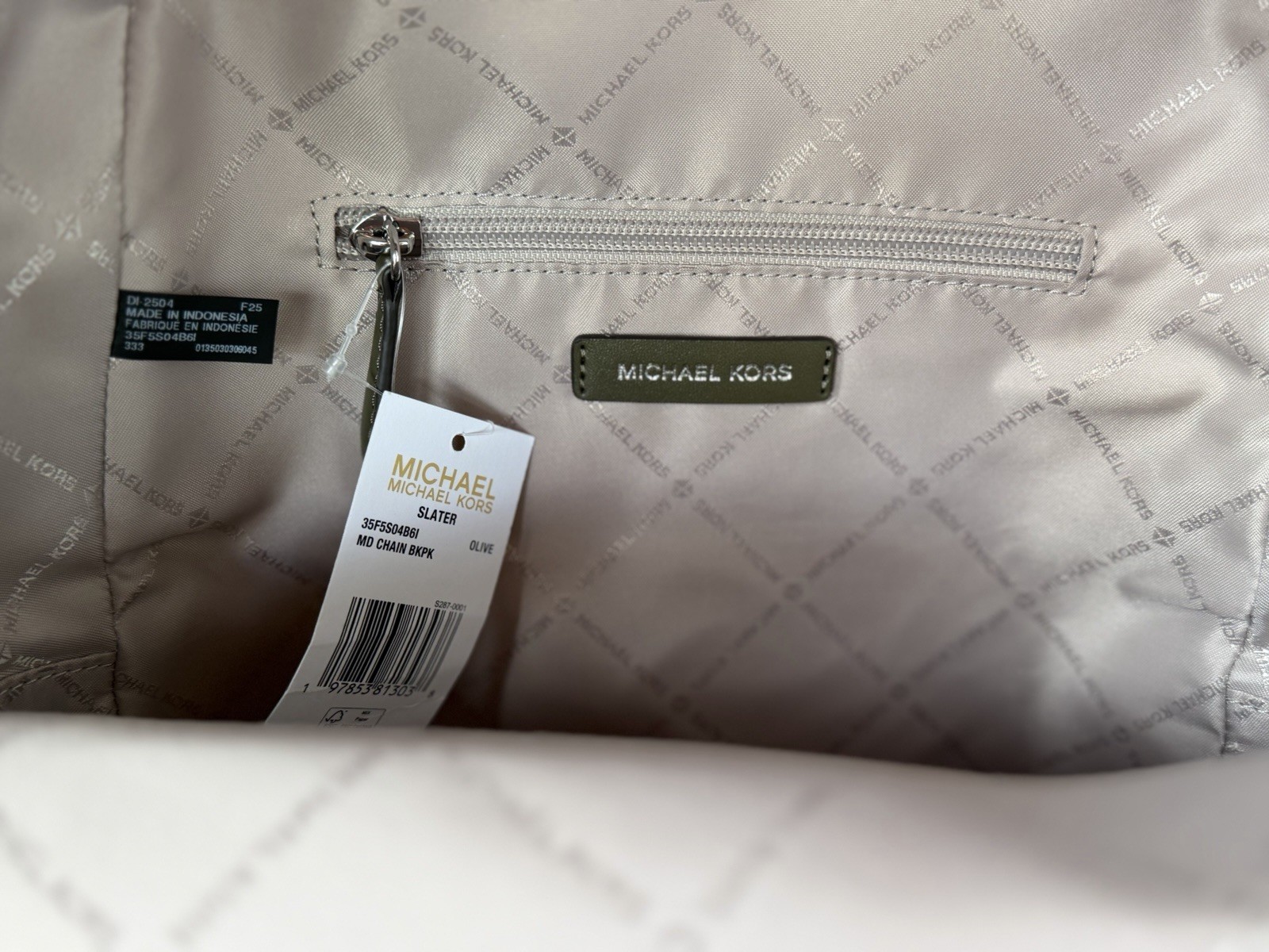 Michael Kors Slater Medium Chain Backpack MK Hearts Spades Diamonds Clubs Olive