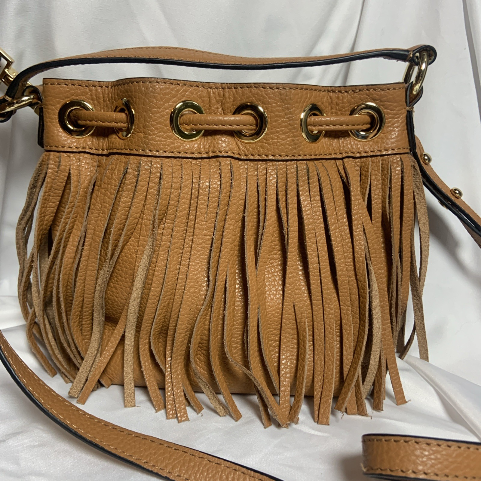 Milly Small Pebbled Leather Fringe Drawstring Bag Brown Crossbody Festival Boho
