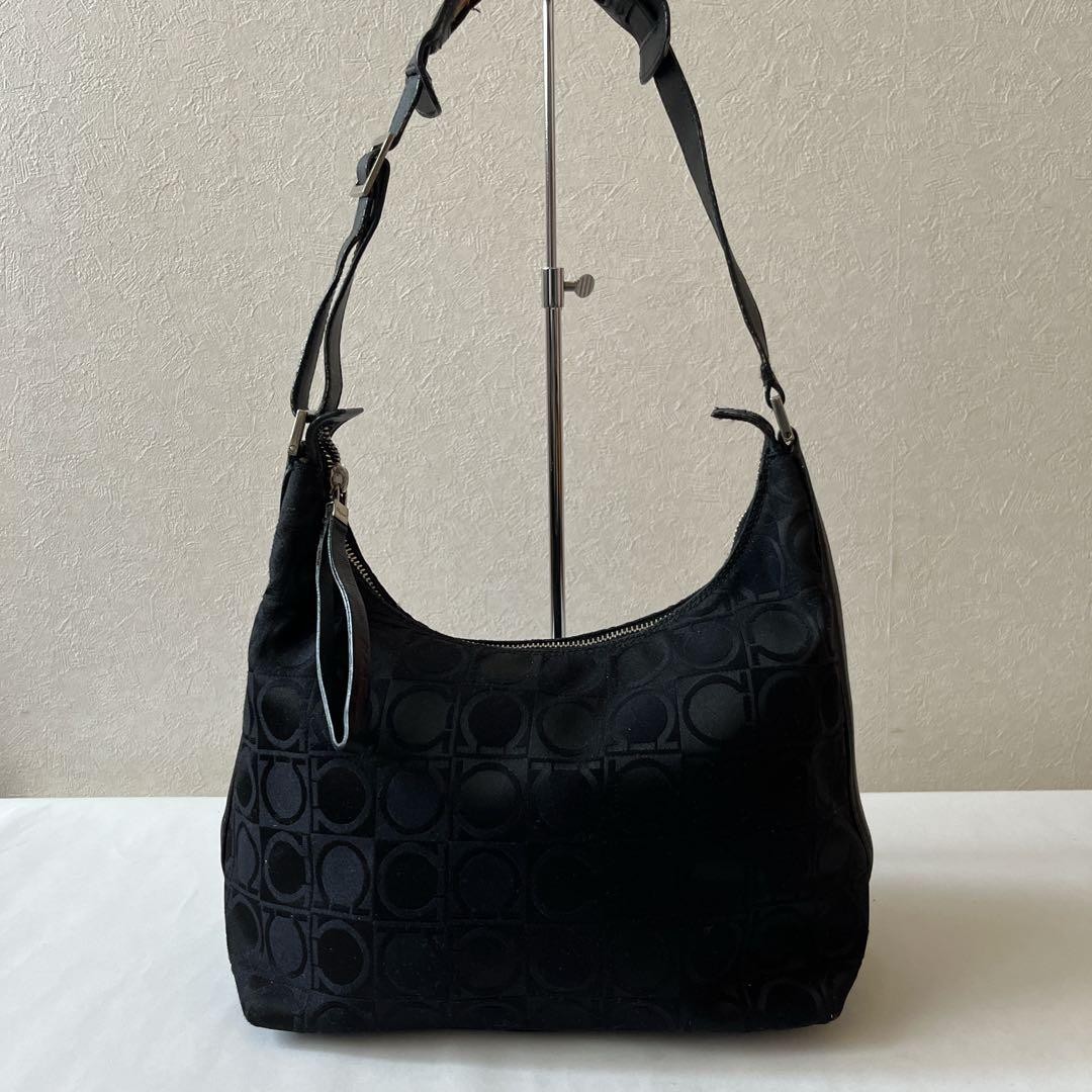 Salvatore Ferragamo Gancini Shoulder Bag Black Canvas Leather 9×6.7×4.5in Logo